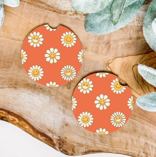 Orange Smiley Flowers | Car Coaster