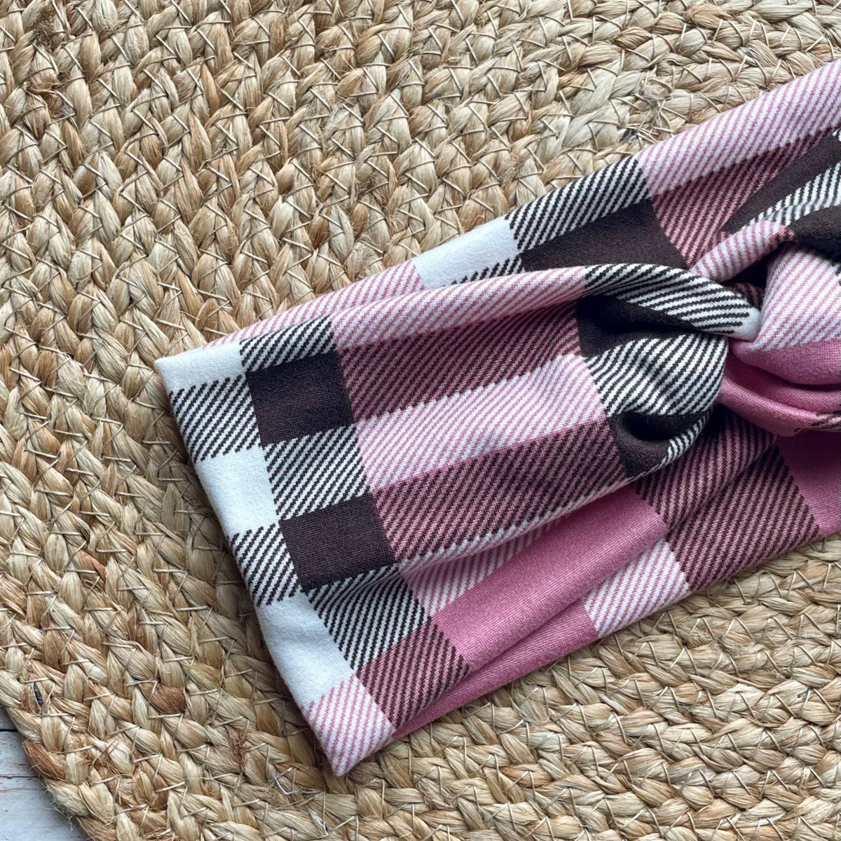 Pink Plaid Knit Twist Headband *