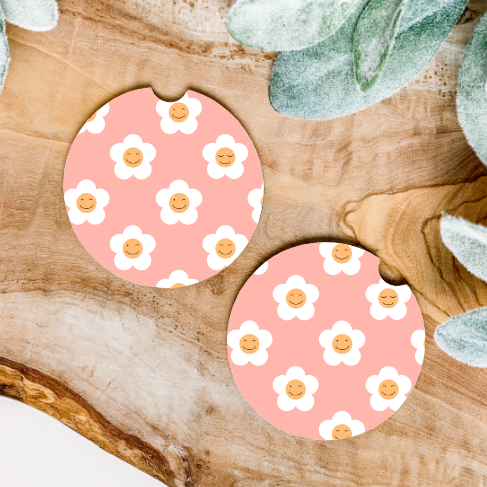 Pink Smiley Face Flowers | Car Coaster