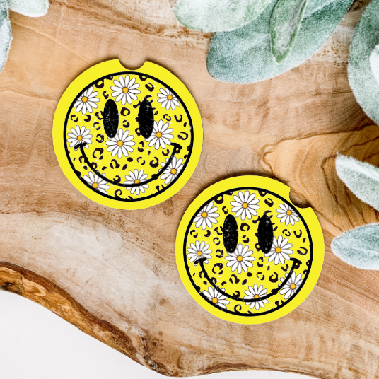 Yellow Smiley Face Daisies | Car Coaster