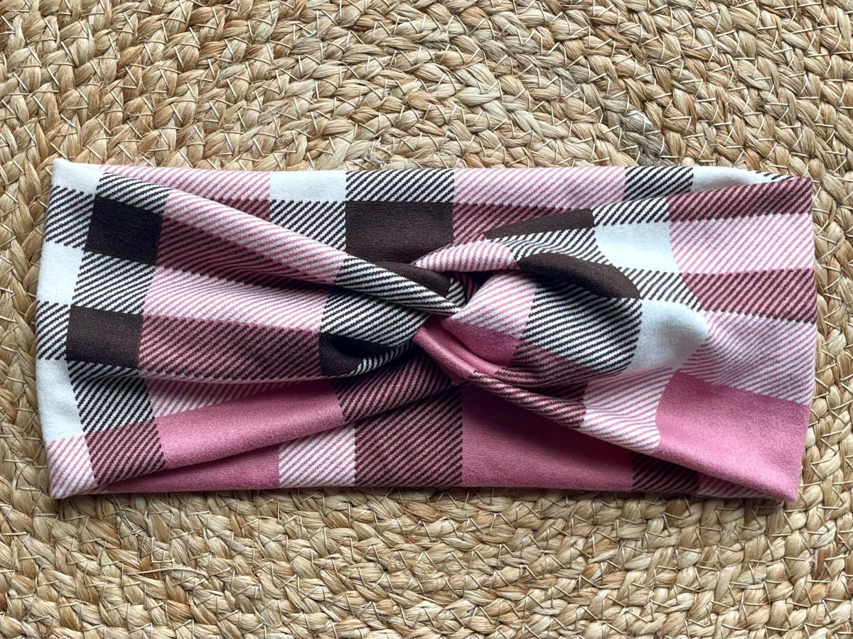 Pink Plaid Knit Twist Headband *