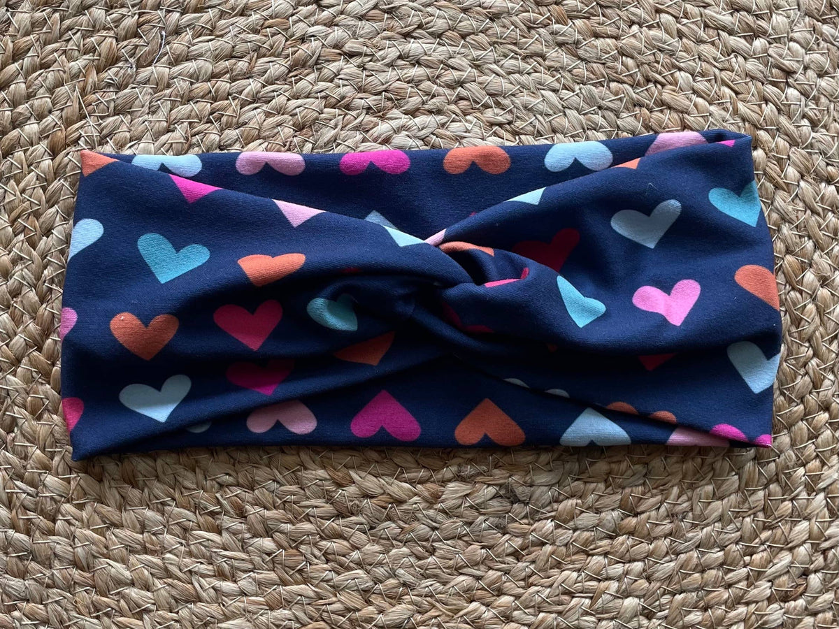 Navy Hearts Knit Twist Headband