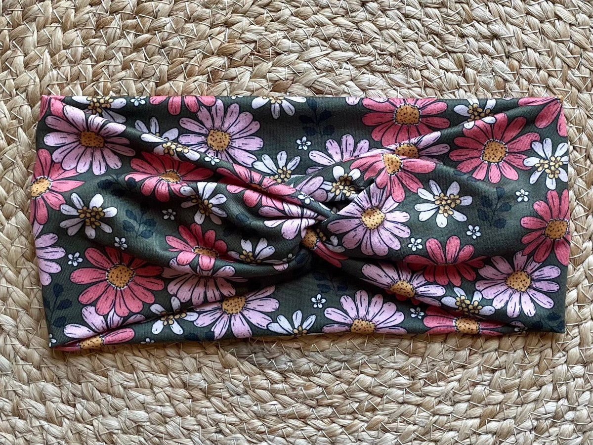 Mixed Pink Daisies Knit Twist Headband